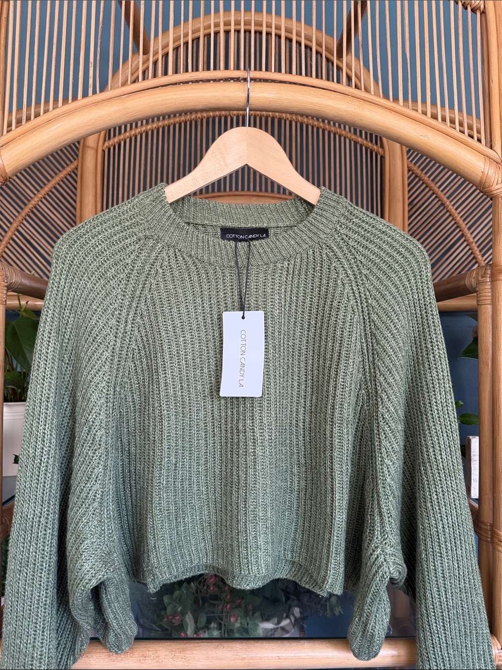 Cotton Candy Sage Green Ribbed Crewneck Sweater